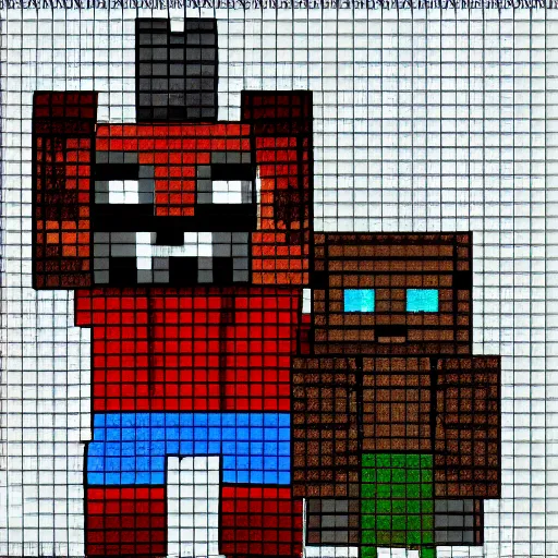 Prompt: pixel drawing of steve from minecraft meeting a fnaf character