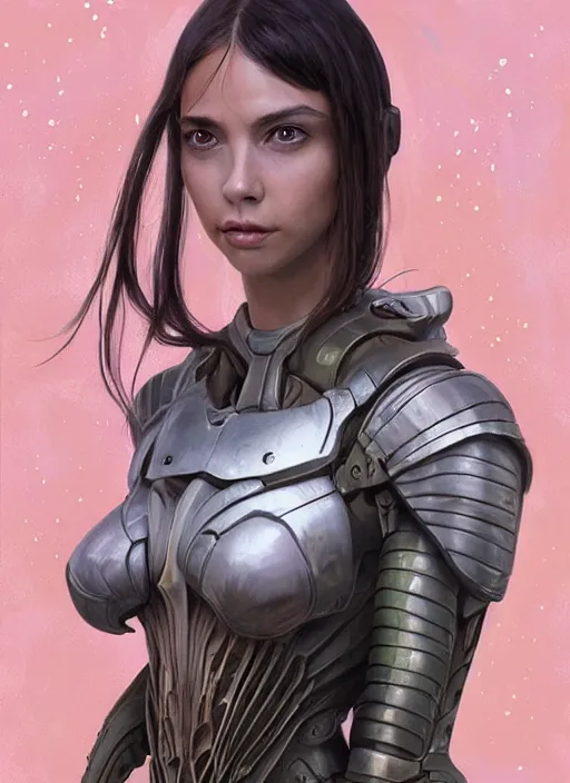 Image similar to a professional painting of a beautiful young female alien, clothed in ethereal armor, olive skin, long dark hair, beautiful bone structure, symmetrical facial features, intricate, elegant, digital painting, concept art, smooth, sharp focus, illustration, from Valerian and the City of a Thousand Planets, by Ruan Jia and Mandy Jurgens and Artgerm and William-Adolphe Bouguerea