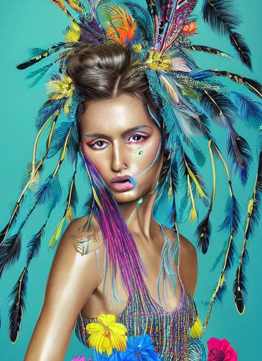 Image similar to beautiful portrait of a super model wearing fantastic dress,embellished beaded feather decorative fringe knots ,colorful pigtail,subtropical flowers and plants,perfect symmetrica body shape,symmetrical face,intricate,elegant,highly detailed,8k,post-processing,digital painting,trending on pinterest,harper's bazaar,concept art, sharp focus, illustration, by artgerm,Tom Bagshaw,Lawrence Alma-Tadema,greg rutkowski,Alphonse Mucha,golden ratio