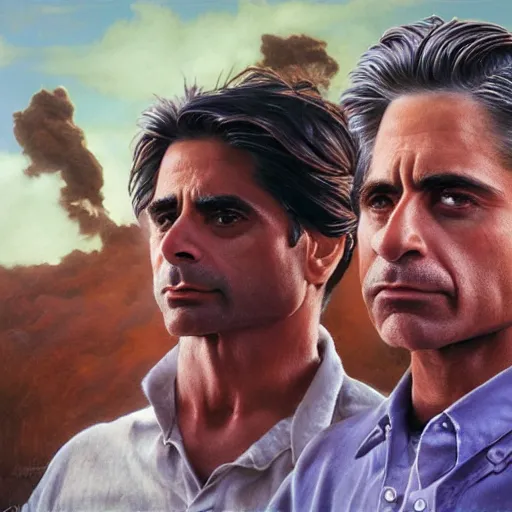 Image similar to john stamos and tony danza, focused, mugshots, photoshoot, sharp details, face photo, face details sharp, by donato giancola and greg rutkowski and wayne barlow and zdzisław beksinski, eyeballs, product photography, action figure, sofubi, studio lighting, colored gels, colored background,