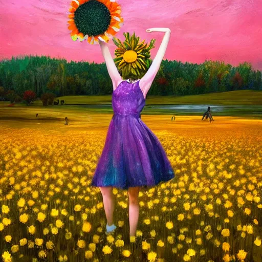 Image similar to giant daisy flower as head, girl dancing in a flower field, surreal photography, sunrise, dramatic light, impressionist painting, colorful clouds, digital painting, artstation, simon stalenhag