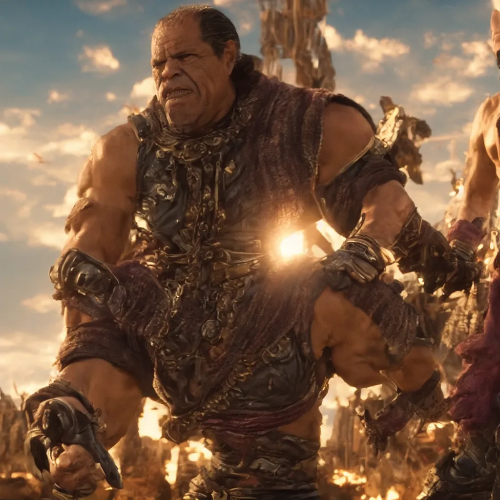 Image similar to Tuco Salamanca facing off against Thanos, epic 4K cinematic shot