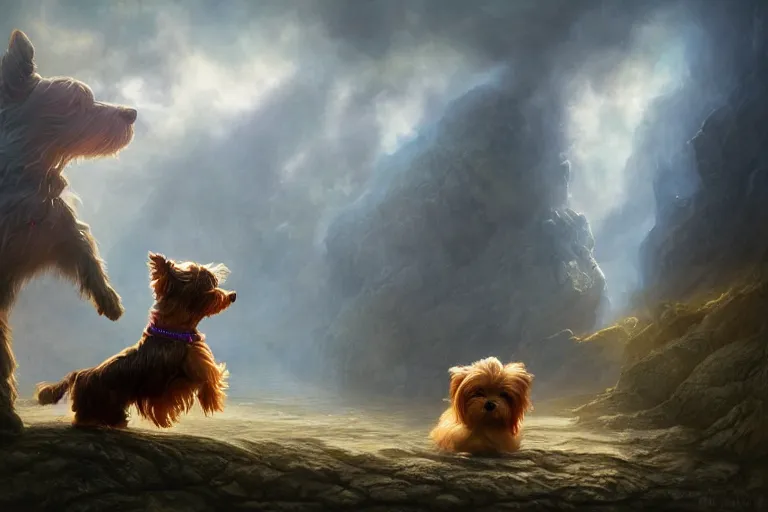 Image similar to an intricate colorful matte painting of a yorkshire terrier puppy fighting a wizard, by Christophe Vacher and Bastien Lecouffe-Deharme, trending on artstation