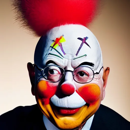 Image similar to UHD candid photo of Klaus Schwab dressed as flamboyant emperor wearing dunce cap, wearing extremely accurate clown makeup, accurate face, UHD, photorealistic, correct face, photo by Annie Leibowitz