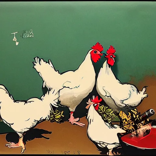 Prompt: chickens bathing in wine, Yoji Shinkawa