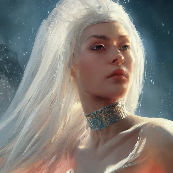 Image similar to a realistic detail portrait of a beautiful female angle has white hair in Atlantis, magic, dragon, oil painting by Julian calle, wlop, greg rutkowski, Finnian MacManus, Syd mead Trending on artstation, red and yellow scheme, 8k, Unreal Engine, wide-angle lens