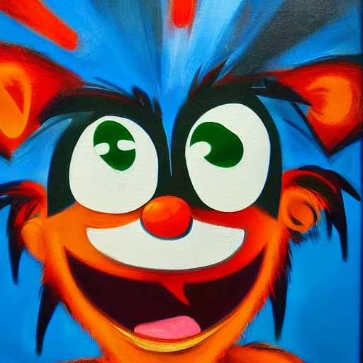 Prompt: gritty portrait of Crash Bandicoot, mad expression, oil canvas, expressionist style
