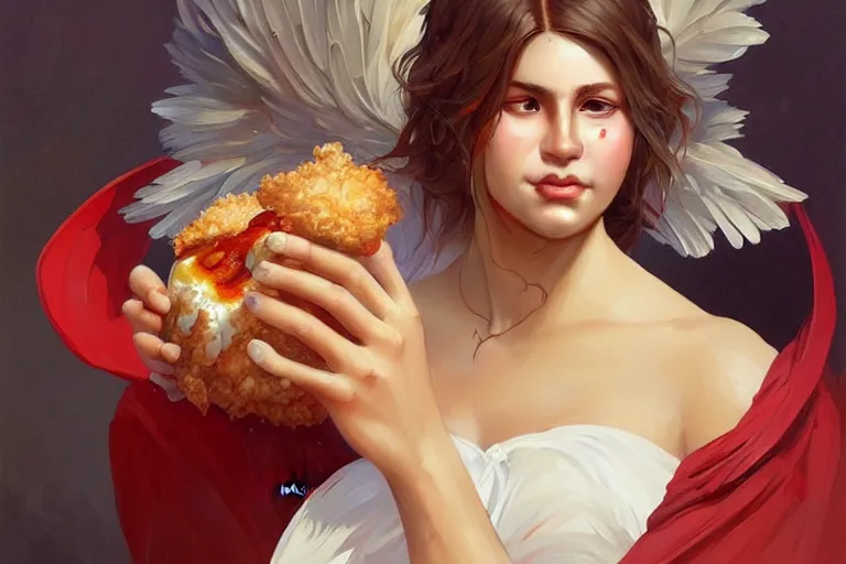 Image similar to kfc chicken, portrait, elegant, intricate, digital painting, artstation, concept art, smooth, sharp focus, illustration, art by artgerm and greg rutkowski and alphonse mucha