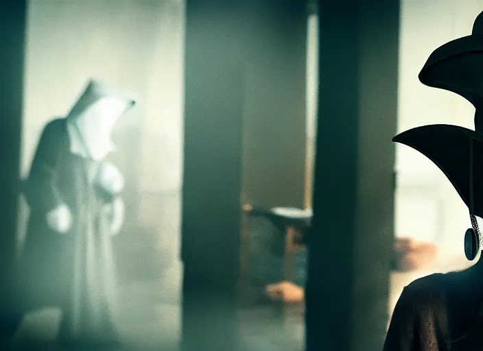 Image similar to photograph of a woman with a plague doctor mask staring at zombies, 8k resolution, high detail, ULTRA REALISTIC VFX, reflections