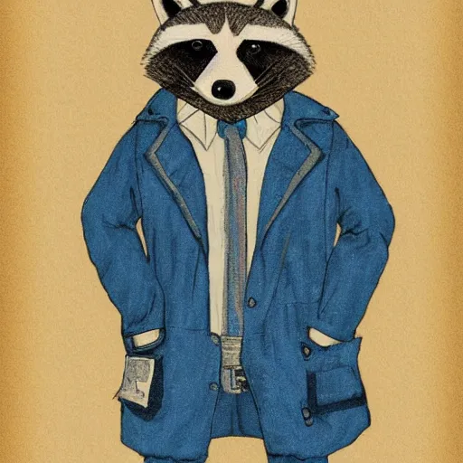 Prompt: anthropomorphic racoon,, male, blue jacket