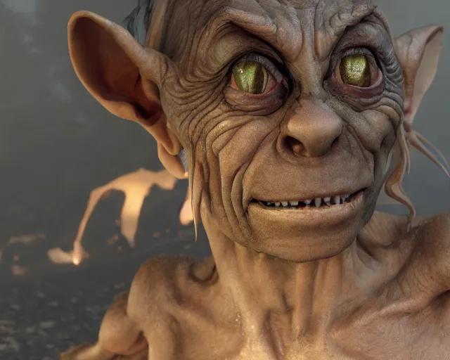 Image similar to wawrick davies as gollum, character art, by various concept artists, redshift render, hyperrealistic face, photorealistic render