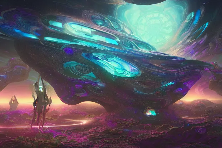 Image similar to a psychedelic realm at the edge of existence where intensely creative astral beings exist, they are summoning an astral vehicle, in the style of WLOP, illustration, epic, fantasy, hyper detailed, smooth, unreal engine, sharp focus, ray tracing