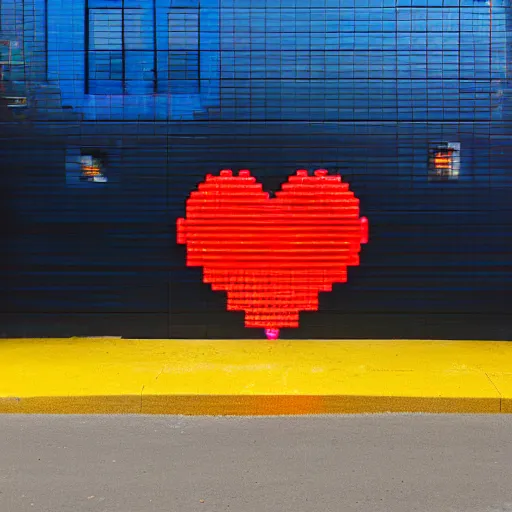 Image similar to pixel heart shaped portal to a neon colored world, on an industrial exterior