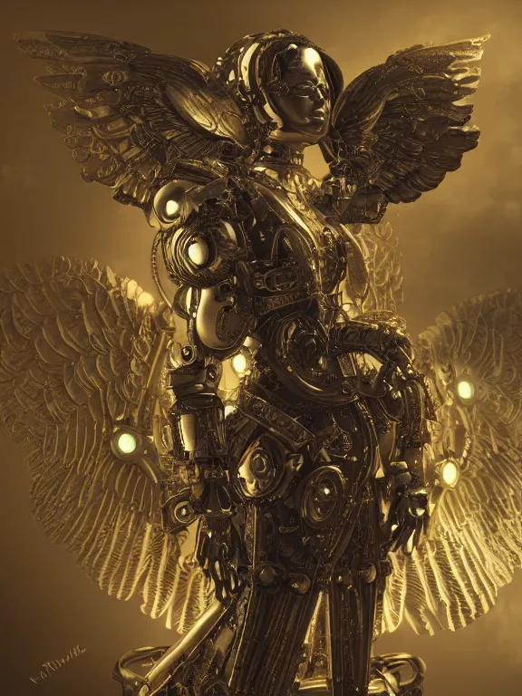 Prompt: steampunk robot angel, big ornamental wings, brown body, intricate, soulless, steampunk yunkyard background, sharp focus, highly detailed, cinematic lighting, studio quality, chiaroscuro, smooth render, unreal engine 5 rendered, octane, rendered, by artgerm, greg rutkowski, alphonse mucha