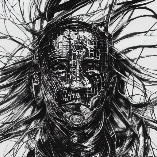 Image similar to Yoshitaka Amano realistic illustration of joe biden ,hair fluttering in the wind, cracks on his face wearing Elden ring armour with engraving, abstract black and white patterns on the background, noisy film grain effect, highly detailed, Renaissance oil painting, weird portrait angle, blurred lost edges, three quarter view