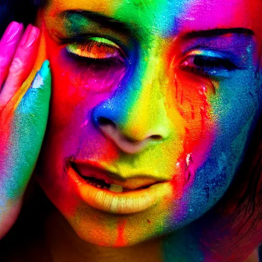 Image similar to woman crying rainbow paint, photography, ultra realistic, highly detailed, 8 k