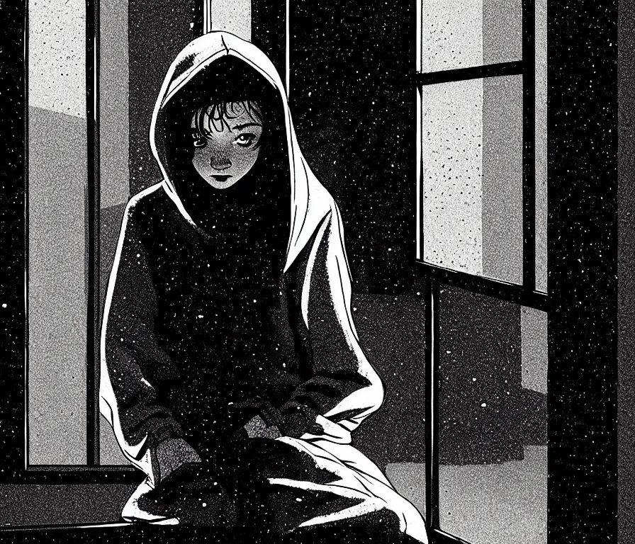 Prompt: sadie sink in hoodie sits on windowsill, knees tucked in | rain falls at night : storyboard, scifi cyberpunk. by saul bass, gabriel hardman, joe alves, chris bonura. cinematic atmosphere, detailed and intricate, perfect anatomy