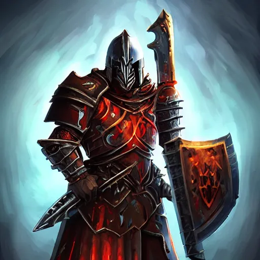 Image similar to Ares with heavy armor and sword, heavy knight helmet, dark sword in Ares's hand, war theme, bloodbath battlefield, fiery battle coloring, hearthstone art style, epic fantasy style art, fantasy epic digital art, epic fantasy card game art