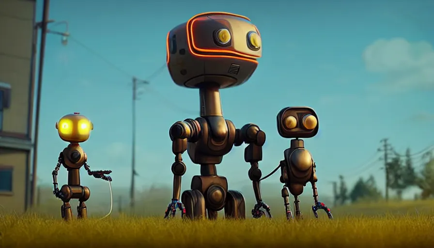 Image similar to tall cute robot with his best dog friend, by Simon Stalenhag, unreal engine, octane render, 8k, rule of thirds