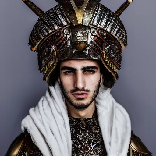 Prompt: a portrait of a beautiful young turkish male wearing an alexander mcqueen armor , photographed by andrew thomas huang, artistic