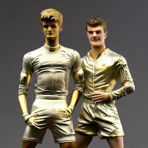 Image similar to a realistic detailed photo of a guy who is an attractive humanoid who is half robot and half humanoid, who is a male android, soccer players martin ødegaard & timo werner, shiny skin, posing like a statue, blank stare, in a living room, on display, showing off his muscles, gold soccer shorts, no jersey, statue, many copies of them