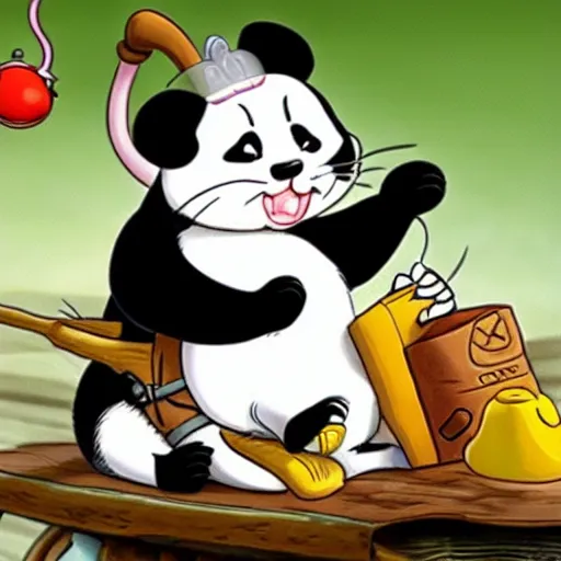 Image similar to jerry mouse is riding a panda, cartoon tom and jerry series