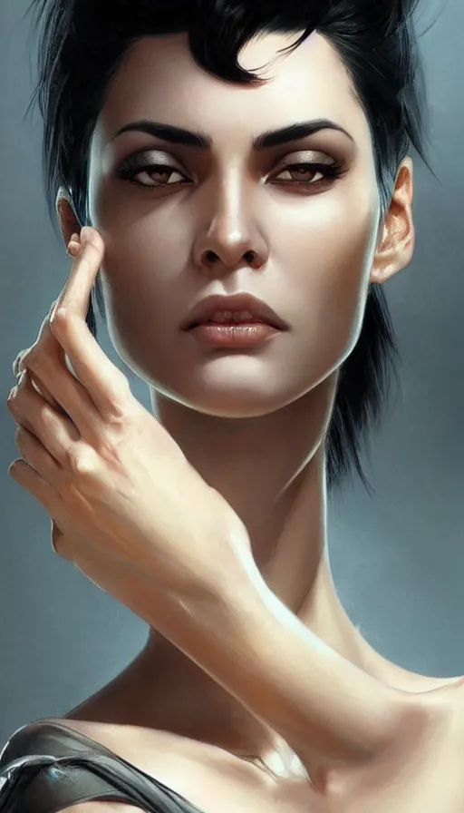 Image similar to woman with short, spiky black hair and dark skin, slanted amber eyes, long thin scar on her face. highly detailed, digital painting, artstation, concept art, sharp focus, beautiful face, expressive eyes, illustration, art by Artgerm and greg rutkowski and alphonse mucha