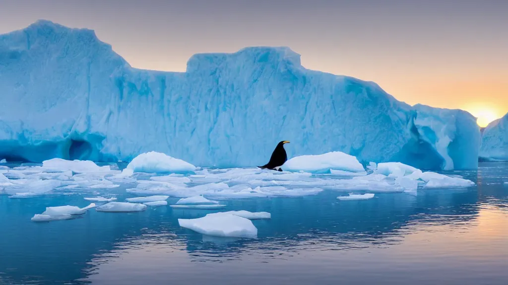 Image similar to photo of the most beautiful panoramic landscape, where a giant iceberg is lost in middle of the artic ocean, a giant penguin is exhaling steam while walking over the iceberg, there is nothing else, the artic ocean is reflecting the giant penguin over the iceberg and the ray lights of the sunset are brightening him, award winning photo, minimal style, by frans lanting