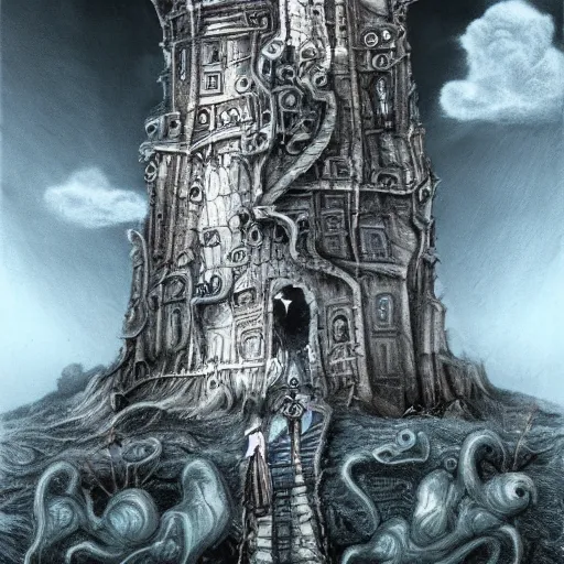 Prompt: the wicked, weird, strange, odd tower, fantasy surrealist landscape