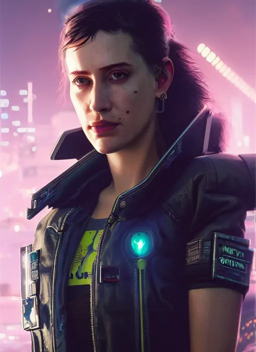 Prompt: portrait of a female truck driver as a character in Cyberpunk 2077, looking at camera, intricate, elegant, sci-fi, extremely detailed, digital painting, artstation, concept art, smooth, sharp focus, illustration, ambient lighting, incredible art by artgerm and greg rutkowski and alphonse mucha and simon stalenhag