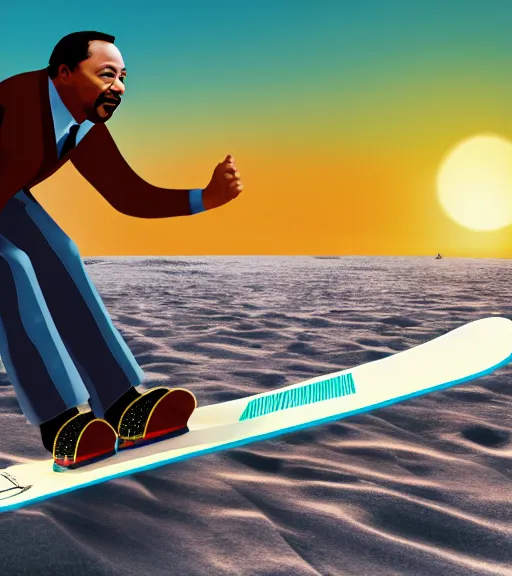 Image similar to martin luther king riding a snowboards in summer on the beach, photorealistic, 4 k, sharp, highly detailed,