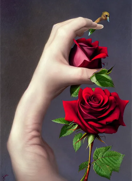 Prompt: a bird with hands holds a rose, hyperrealism, no blur, 4 k resolution, ultra detailed, style of tyler edlin, tom bagshaw, arthur rackham, ivan shishkin