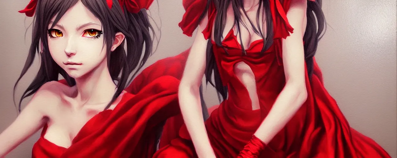 Image similar to a portrait of catgirl wearing red silk dress an ultrafine detailed painting, detailed painting, detailed eyes!!, final fantasy octopath traveler realistic hands ghibly