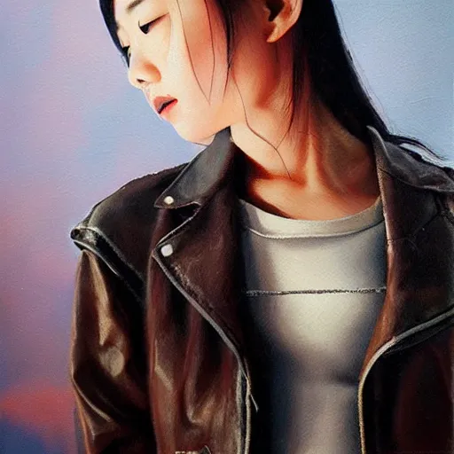 Image similar to perfect, realistic oil painting of close-up japanese young woman wearing leather jacket, in LOTR