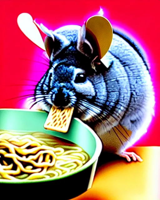 Image similar to cartoon chinchilla eating ramen, disney, hanna barbera