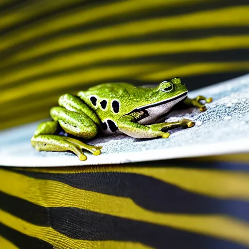 Image similar to photograph of a frog on a surfboard, catching a wave, high quality, clean, sharp focus, enhanced colors, hd, 8k