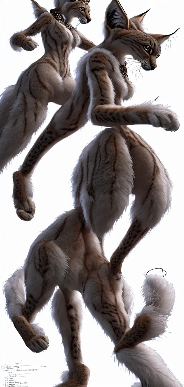 Image similar to the full body of anthropomorphic lynx fursona from behind wearing a steampunk suit as unimaginably beautiful, gorgeous, elegant, young woman with lynx head, fluffy tail, paw pads, an ultrafine hyperdetailed illustration by furaffinity, intricate linework, white fur, unreal engine 5 highly rendered, global illumination, radiant light, detailed and intricate environment