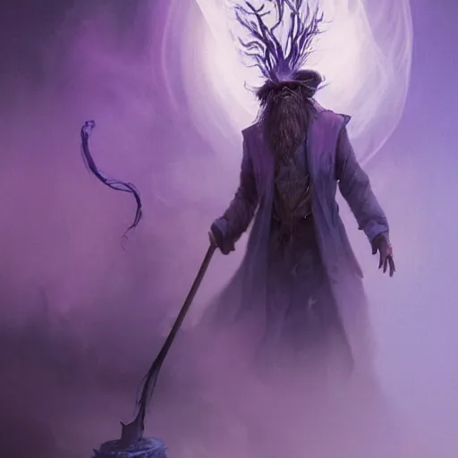 Image similar to a beautiful ultradetailed portrait of a wizard with a body made of smoke! beautiful large purple staff in his hand, with a single large grey smoke cloud by his side, by greg rutkowski, karol bak and peter mohrbacher, volumetric lighting, magical realism, dark, wizard, smoke