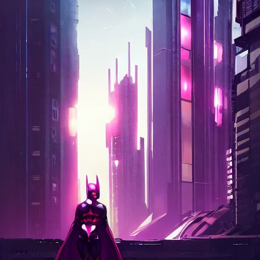 Image similar to batman beyond, cyberpunk, cityscape, purple sky, artgerm, greg rutkowski