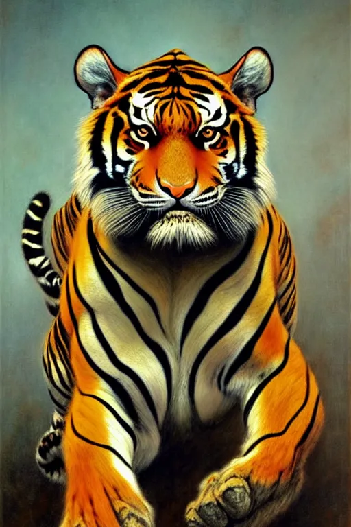 Prompt: hyper realistic portrait of a fierce tiger in the style of wayne barlowe, gustav moreau, goward, bussiere, roberto ferri, santiago caruso, luis ricardo falero, austin osman spare