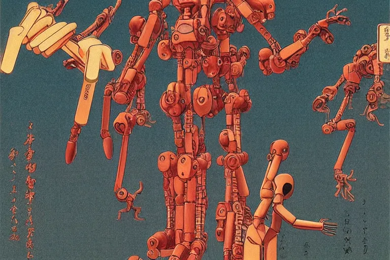 Image similar to gigantic mantises with human hands catch tiny robots, a lot of exotic mechas robots around, human heads everywhere, risograph by kawase hasui, edward hopper, satoshi kon and moebius, colorful flat surreal design, super - detailed, a lot of tiny details, fullshot