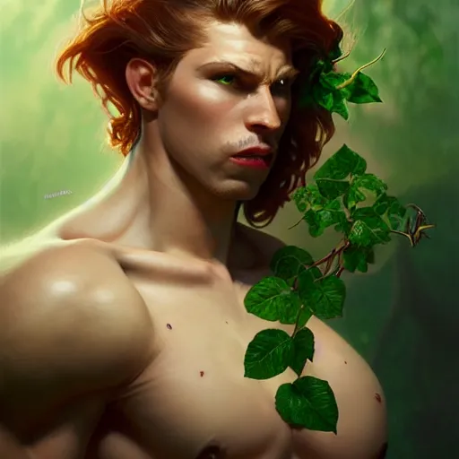 Image similar to A studio portrait of a photorealistic male muscular poison ivy wide angle, deep focus, D&D, fantasy, intricate, elegant, highly detailed, digital painting, artstation, concept art, matte, sharp focus, illustration, hearthstone, art by Artgerm and Greg Rutkowski and Alphonse Mucha