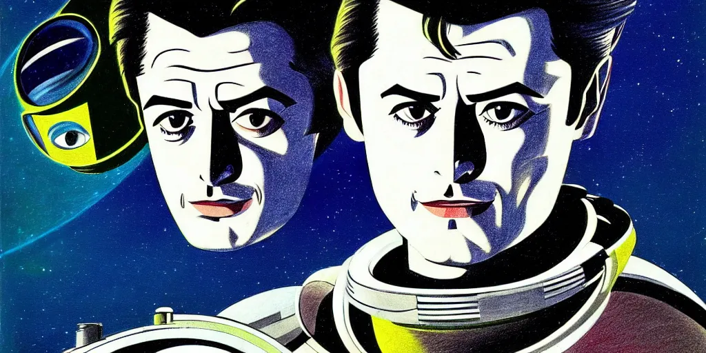 Image similar to traditional drawn colorful animation a symmetrical portrait of Alain Delon Stallone from 1960 60s pilot in posing in spaceship station planet captain bridge, сomet tail, outer worlds, robots, extraterrestrial hyper contrast well drawn in Jean Henri Gaston Giraud animation film The Masters of Time FANTASTIC PLANET La planète sauvage animation by René Laloux