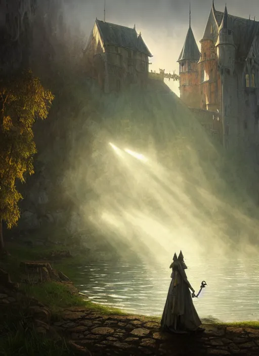 Image similar to medieval castle, mist, sunrays, dust in the air, dnd character, unreal engine, octane render, dramatic lighting, pond, digital art, by stanley artgerm lau, greg rutkowski, thomas kindkade, alphonse mucha, loish, norman rockwell,