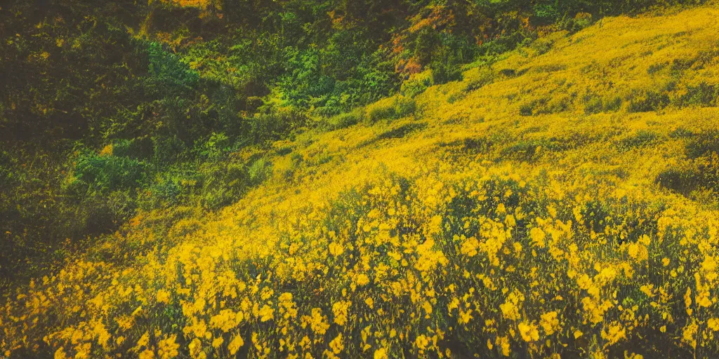 Image similar to colorful polaroid photograph of a valley full of yellow flowers, super detailed, panoramic photo