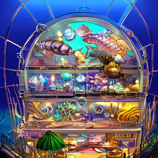 Image similar to undersea shopping center built from various sea shells, sea weed, light diffraction, steampunk, cyberpunk, warm lights, anime, vhs distortion