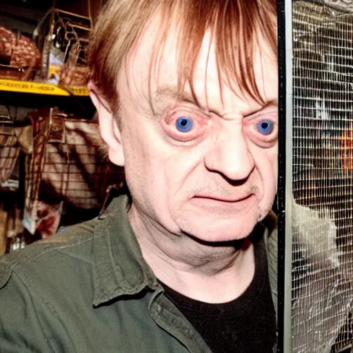 Image similar to mark e smith locked in a small bird cage on the shelf of a pet store