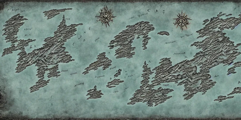 Image similar to Map of the realm of the wolf crew. a continent in the shape of a wolf's face. Ancient magic, medieval fantasy map, mountains, islands, forests. Map-style Skyrim, Lord of the rings map, zelda breath of the wild map, video game style, drawing on a parchment