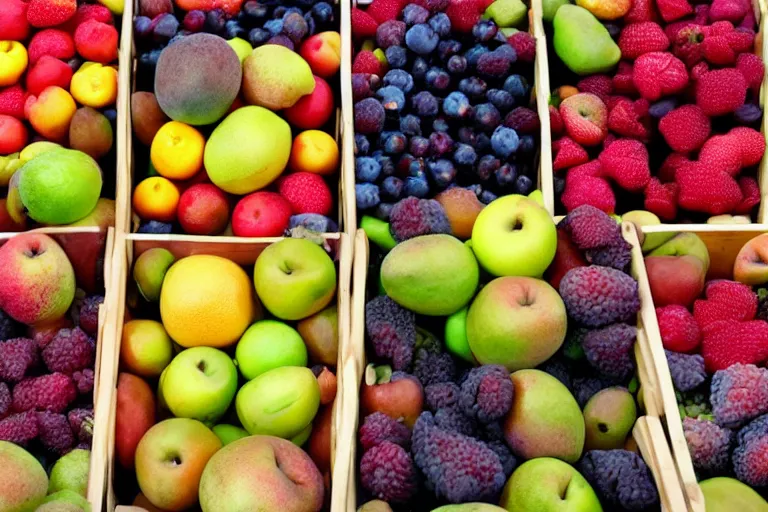 Prompt: three baskets of fruit, sorted by color