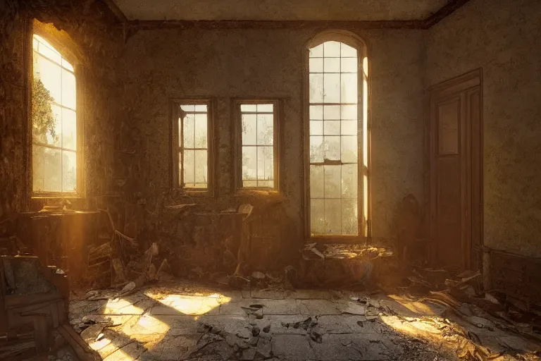 Image similar to the interior of an old abandoned house, an old oak tree grows inside the house, golden rays of sunlight enter through the window, digital art, trending on artstation, matte painting, concept art, drawn by greg rutkowski, inspired by johannes vermeer, warm colors